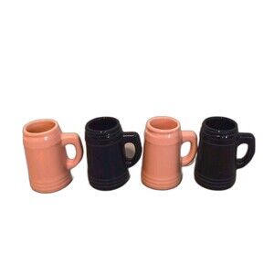 Vtg Mini Beer Stein Set Of 4 Pink & Dark Blue Ceramic Mug Shot Glasses Unmarked